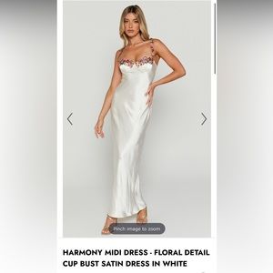 HARMONY MIDI DRESS - FLORAL DETAIL CUP BUST SATIN DRESS IN WHITE